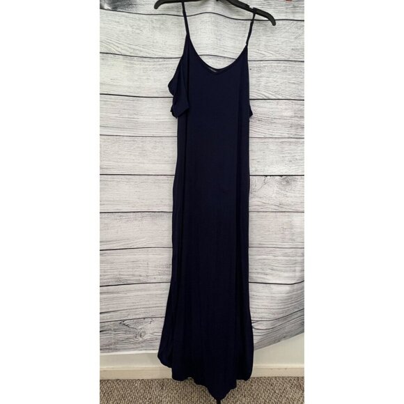 Thanth Navy Cold-Shoulder Maxi Dress With Spaghetti Straps, Size L - Picture 1 of 5